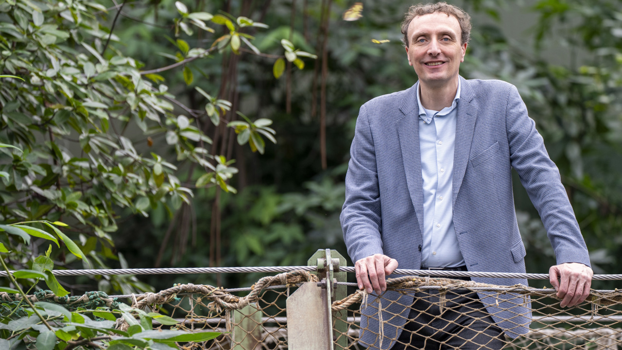 Alex staat rechts op de foto op een kleine brug. Hij draagt een blauw pak. HIj heeft kort, lichtbruin, krullend haar. Op de achtergrond zijn veel planten gezien.